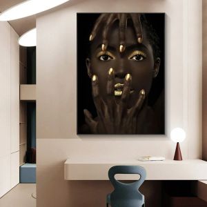 Arte desinteressante da parede Golden Black Women Canvas Pintura Poster e impressões para a sala de estar Sexy African Girl Aesthetic Home Decor