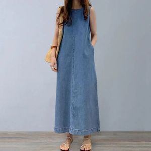 Femme fashion lässige lockere long maxi sundress plisöses denim vestido ärmellose women hommer sommer ein line kleid intzie 240520