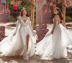 Asaf Dadush 2024 Split Tassel Wedding Dresses With Wrap Spaghetti V Neck Lace Appliques Boho Bohemian Beads Wedding Dress Robes de de