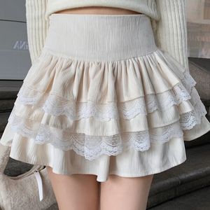 Kawaii Sweet Mini Cake kjol Kvinnlig hög midja koreansk mode casual ruffles spets lapptäcke lolita aline 240516