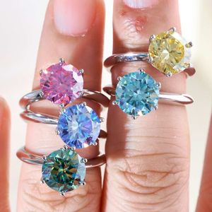 Simple Fashion Luxury Women Moissanite Rings 925 Sterling Silver Passed Test 3ct Round White Red Blue Pink Yellow Green Moissanite Ring for Party Wedding Nice Gift