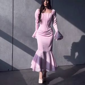 Square Neck Mermaid Evening Dress Long Long Sleeve Satin Formal Party Prom Gown with for Women