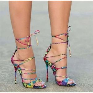 Women New Fashion Colorized Snakeskin Cross Strappy Thin Heel Sexy Lace-up Mix-colors Straps Gladiator Sand e2e