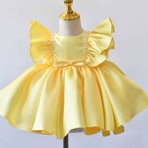 Christening dresses Baby Girl Dress Yellow Satin Birthday Dress Christmas Party Dress Princess Newborn Baptist Childrens Piano Performance Dress Q240521