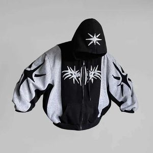 Мужские толстовки толстовок y2k retro Zipper Zipper Hoodie Harajuku Patch Work Gothic Street Hip Hop Super Dalian Mens Mens Sports Sport Sport Fashion Casual Top Q240521