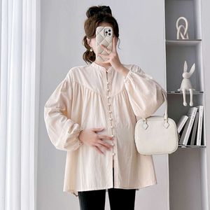 2024 Spring Fashion Maternity Tees Рубашки плюс размер кнопка с длинным рукавом. Мятает беременная женщина блузки свободные беременные одежды топы L2405
