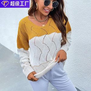 Polos femininos outono feminino 2024 Sweater Hollow Knit Color listrado Mulheres correspondentes