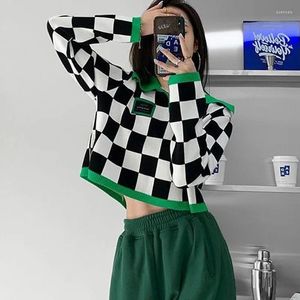 Women's T Shirts Fashion Ladies Knitting Plaid Tops Spring Autumn Temperament Pullovers Long Sleeve Printing Interior Lapping T-Shirts