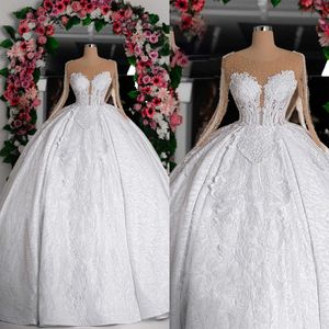 Lyx retro bollklänning bröllopsklänningar illusion långa ärmar 3d blommor mönster prinsessan puffy brudklänningar