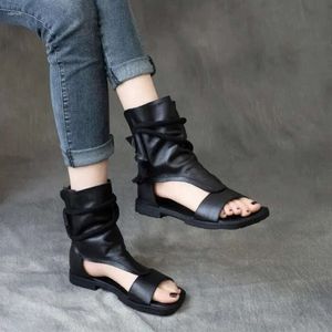 Birkuir Toe Open Sandals High Top Botas para Women Summer Hollow Out Beach Leather Genuine Flats Lad 457