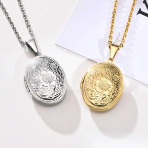 Pendant Necklaces Exquisite floral oval shaped heart lock pendant necklace suitable for women stainless steel photo frame promises love as a Keepsake gift d240522