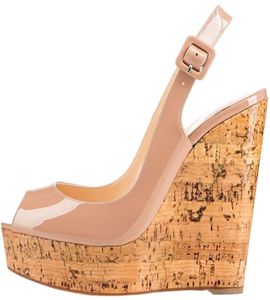 Wedge Sandals Women039s Shoes Fashion Nude Black Patent Leather Slope Heels Shoe Open Toes Slingback 16cm High Heel Sandal siz9026752