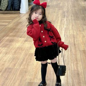 Girls 2023 Autumn Red Baby Winter Thickened Children New Year Knitwear Bow Sweater Cardigan L2405