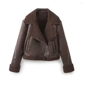 Jackets femininas Mulheres de inverno Vintage Brown Faux Shearling Crop Crop Biker Jacket
