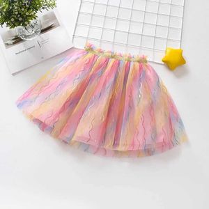 Skirts Girls 2024 Summer New Lace Simple Wave Bright Gold Rainbow/Half skirt Y240522