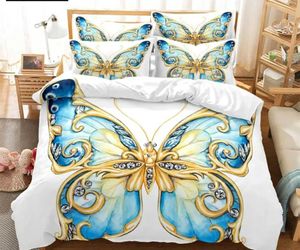 Sängkläder sätter blå fjärilsdäcke täcke set king drottning tvillingstorlek dubbelsäng enstaka 3D -uppsättningar rosa täcke med 2 fall H240521 KVDV