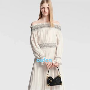 Spring/Summer New Product Heavy Industry Silk Sensory Women's Dress Off the Shoulder Dress Imported Light, Thin, Flowing, and Charming Charming Long sleeved Dress S-L