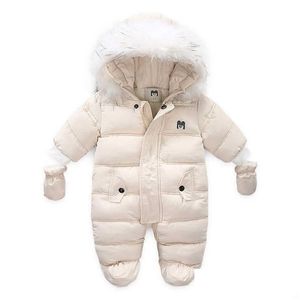Down Coat Dzieci zimowy kombinezon futra Baby dziewczyna chłopiec snowsuit rosyjskie niemowlę ovealels grube rompers z rękawiczkami 210827 d otzrs