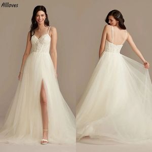 A Romantic Ivory Tulle Line Wedding Dresses Sexy Spagetti Straps Lace Embroidery Bridal Gowns Boho Garden Side Split Formal Ocn Bride Reception Dress