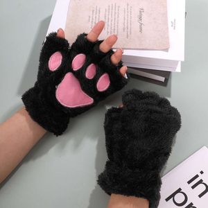 2023 Cute Bear Women Korean Cat Claw Paw Plush Mittens Warm Half Finger Winter Gloves Christmas Halloween Girls Gift L2405 L2405