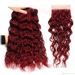 Human Hair Wefts With Closure 99J Bury Malaysian Water Wave 3 Bundles 4X4 Lace 4Pcs Wine Red Mink Wet And Wavy Virgin Weave8226779 Dro Odrn