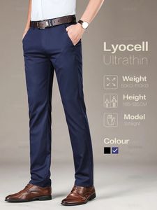 Högkvalitativ lyxig rak affärsdräkt Pants Men Thin Soft Lyocell Fabric Designer Summer Elegant Long Formal Trouser Male 240513