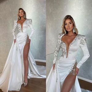 Saudi Arabia Dubai Long Sleeve Mermaid Wedding Gowns Plunging V Neck Beading Overskirts Bridal Dress Arabic Aso Ebi Sexy High Side Slit 240n