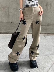 女子ジーンズの女性ブラックスタープリントカジュアルデニムパンツファッションポケット付きのゆるい広いレッグズボンストリートウェア