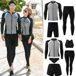 Women's Swimwear Korean Couples Rash Guards O Neck Long Sleeve Swimsuit Patchwork Zipper Surfing Suit Women Men 5/3 Pieces Bathing Suits