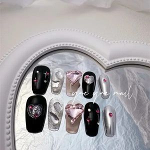 10st Black Handmade Press On Nails Heart Crystal Design False Nails Full Cover French Ballerina Wearable Artificial Nail Tips 240522