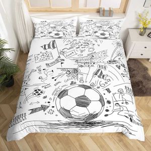 Bedding define futebol capa de edredão definido para desenho à mão esboço bandeira de futebol esportes equipes de roupas de cama para jovens masculino com conforto duplo coverq240521