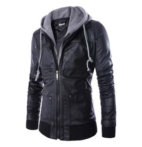 Ganzer Europa Stil Frühling Herbst Slim Fit mit Kapuze gefälschten zweiteiligen Männer039s Motorrad Ledermantel Männer Kleidung3983616