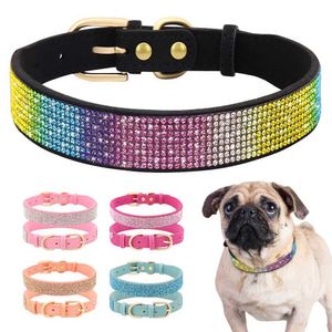 Dog Collars Leashes Bling Rhinestone Collar Soft Suede Leather Cat Puppy Necklace For Small Medium Dogs Cats Chihuahua Yorkshire Pink H240522