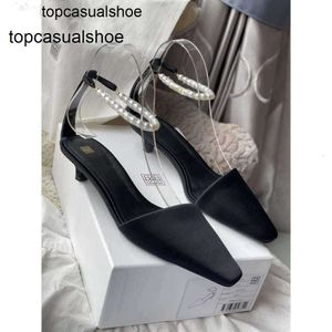 Toteme Satin Frauen Schuhe Pumpen Pearl Schwarzer Knöchelgurt Italien 3,5 cm High Heel Europäische Größe 35-40 Originalbox Real Fotos 1JHF