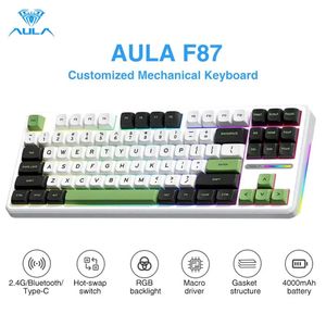 Aula F87 Mekanik Klavye 3 Modu 2.4G/USB/Bluetooth Tri Modu Kablosuz Oyun Klavye 87 Anahtar Takas RGB Conta Klavye 240514