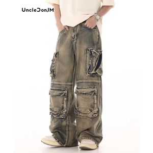 Męskie spodnie w stylu Wasteland Multi Pocket Dżins Work odzież męskie luźne proste spodnie nogi ciężkie kieszonkowe dżinsy Y240522