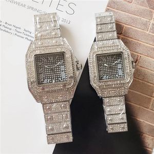 Luxury Lovers fyrkantiga armbandsur med fulla diamant män kvinnliga designer klockor par full is ut och ser för romerskt timmes markering g 280Z