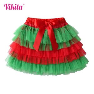 Spódnice Vikita Girls New Year Xmas Christmas Red Green Mini spódnice dla dzieci warstwowa spódnica tutu z łukiem dzieci Księżniczki Spódnicze Y240522