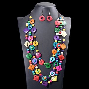 UDDEIN Bohemian Handmade Mulit Layer Colorful Wood Earring Necklace Sets Vintage Beads Jewelry Coconut Husk Collar 240511