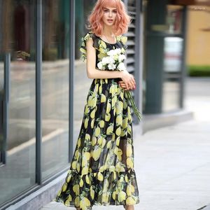 Casual Dresses Women's Fashion Summer Autumn Runway Designer Boutique A-Line Dress Fresh Yellow Lemon Printed Fishtail Mermaid