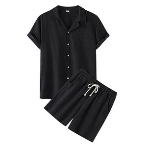 Men Summer 2 Piece Shorts Set Solid Color Cotton Linen Short Sleeve Lapel Button Up Shirts TopShort Pants Set Sleepwear Pajamas 240522