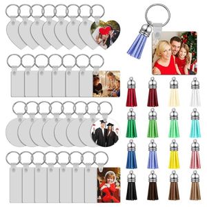 Keychains 32Pcs Sublimation Blank Keychain Double-Side Printed Transfer DIY MDF With PU Leather Tassel Jewel 246B