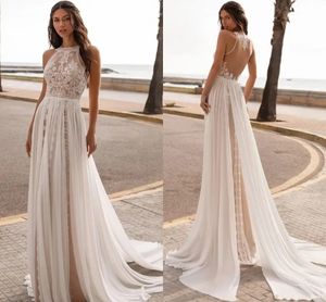 Abiti abiti da sposa in pizzo bohémien 2024 Trena di spazzatura senza maniche vintage a cacciatura semplice A abiti da sposa in chiffon