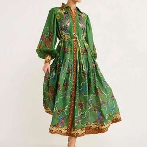 女性夏のファッショントレンド新製品印刷されたランタンスリーブラップウエスト大きな裾のドレス