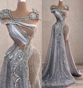 Nya arabiska aso ebi glittrande silver lyxiga balklänningar pärlor kristaller kväll formell parti andra mottagning födelsedag engagemang klänningar klänning bc18444