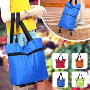 Storage Bags Blue Retractable Roller Fashion Portable Shopping Wheel Bag Foldable Back Grocery Rack