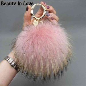 Luxo 15cm Fluffy Real Fox Pom Poms Fur Pompom Ball High Quality Keychain Chain Chain Metal Ring Pinging for Women F281 210409 253Y