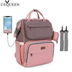 Сумки для подгузников Lequeen Designer USB Baby Bade Bag Bage емкостью мама рюкзак Multi -функциональный пакет для корзины бесплатно 1 Пара крючков D240522
