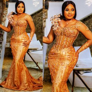 2024 Plus Size Gold Aso Ebi Prom Dresses for Black Women Promdress Mermaid Long Sleeves Appliqued Beaded Lace Crystals Birthday Dress Second Reception Gowns AM997