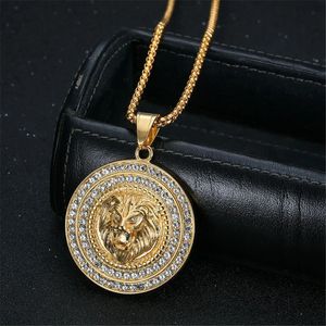 Hip Hop Iced Out CZ Lion Head Pendant Male 14K Gold Round Animal Necklace For Men Jewelry High Quality